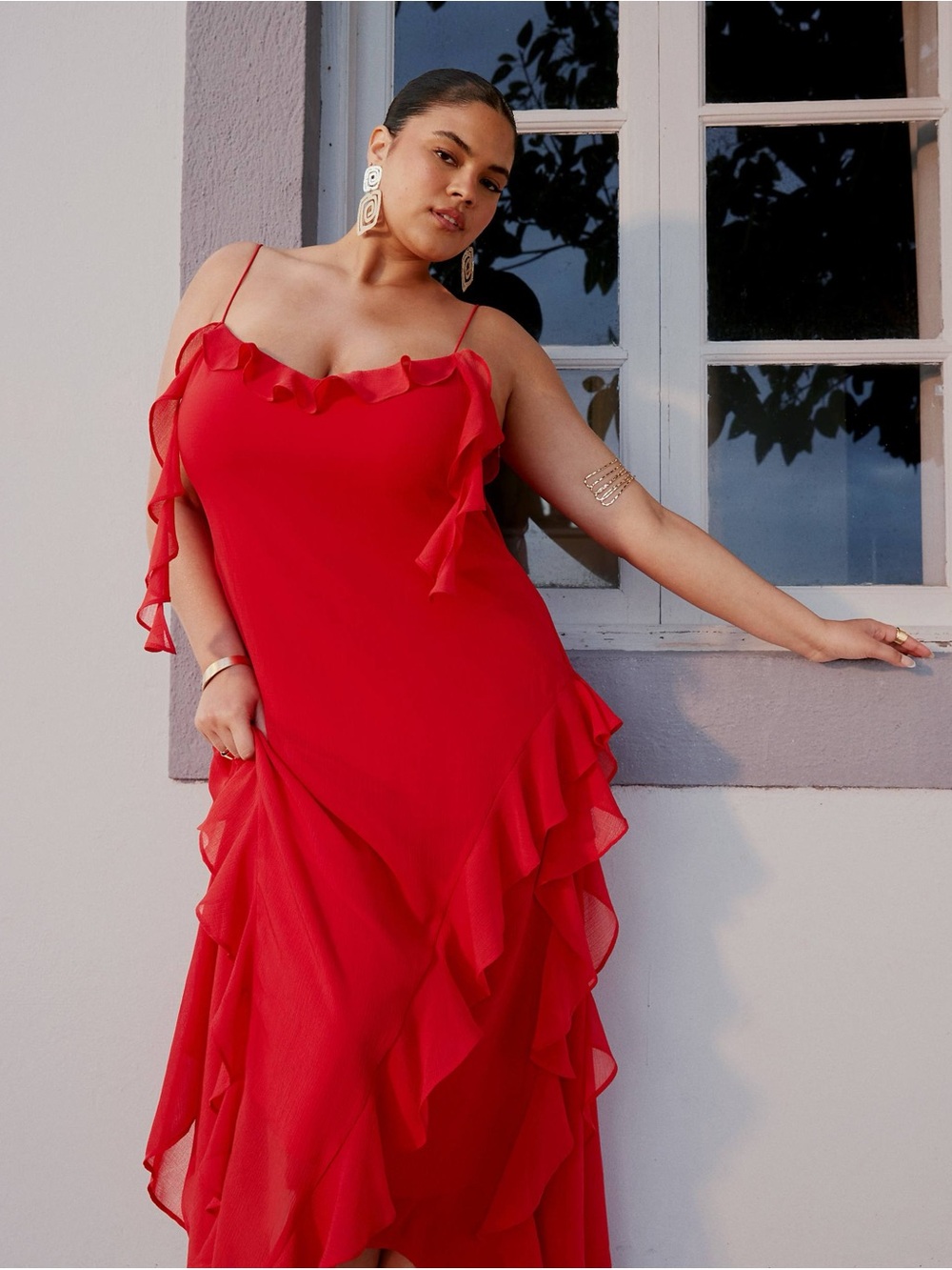 ASOS DESIGN Curve textured chiffon maxi dress with trailing ruffles in red